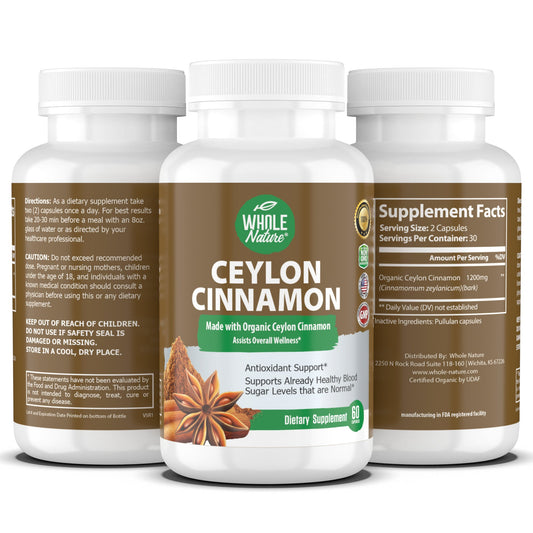 Cinnamon Capsules 1200mg, Made With Organic Ceylon Cinnamon Supplement, Vegan, Herbal, Antioxidant & Anti-inflammatory for Heart, Brain, Bone & Joint Support. Whole Nature’s Sri Lank True Cinnamon Powder Caps